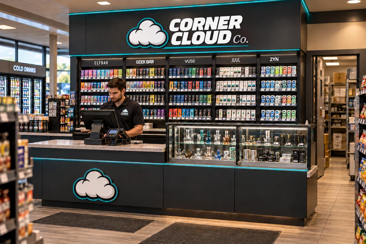 Corner Cloud concept display beside the checkout and coffee station in a gas station convenience store