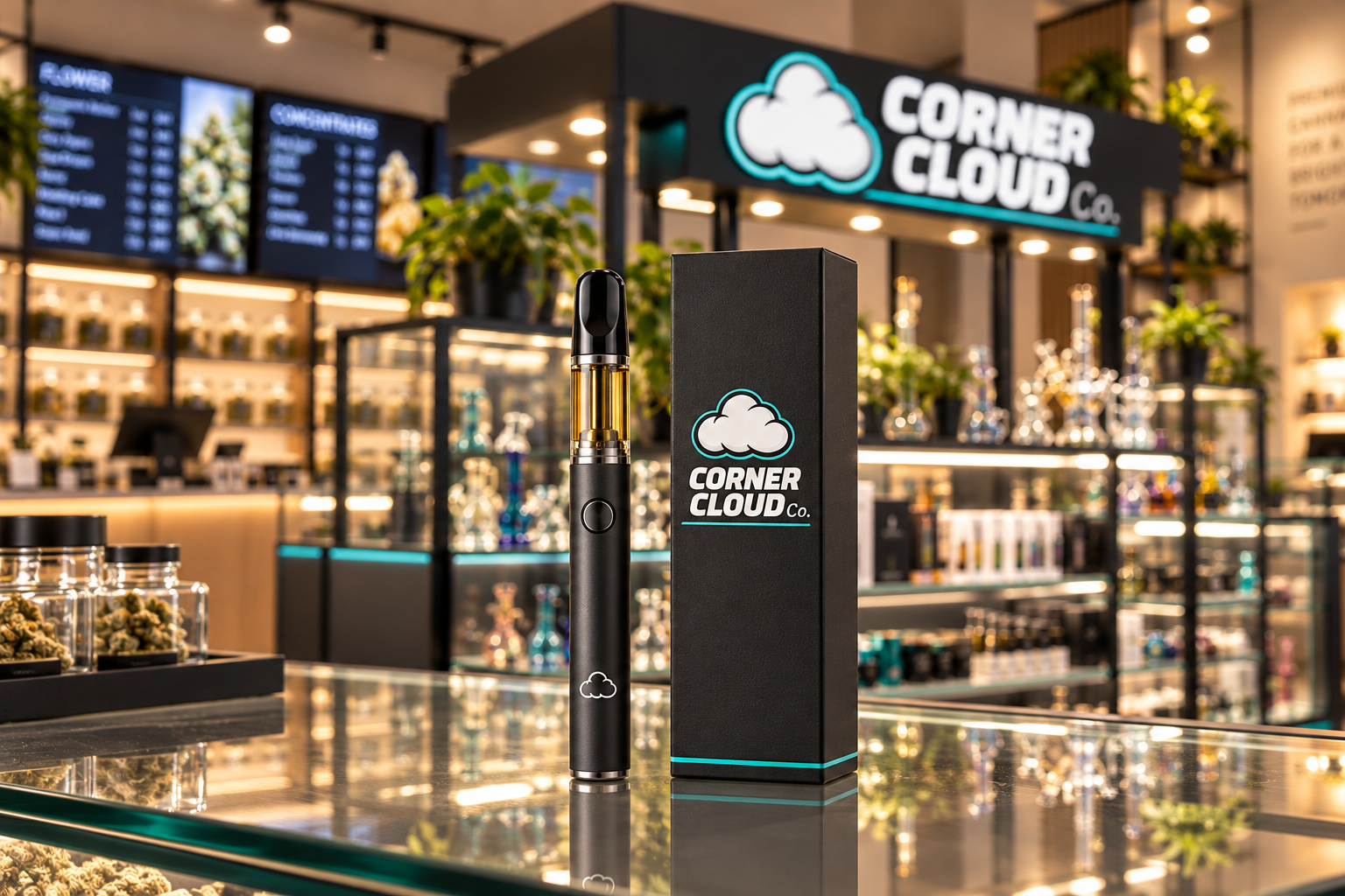 Concept branded vaporizer and packaging on a retail counter